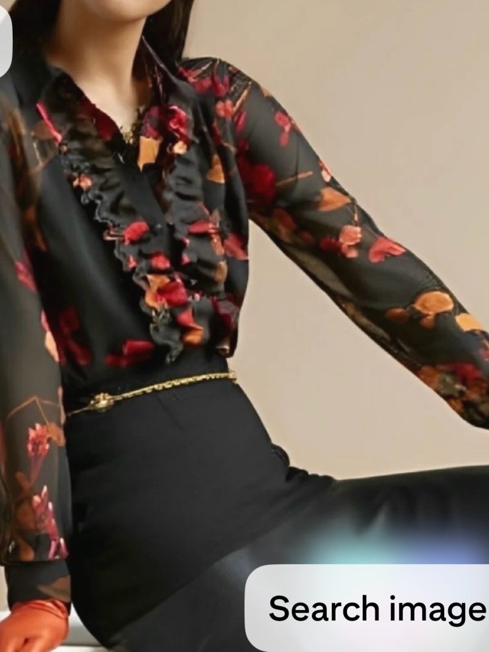 Cabi Style 3505 Midnight Floral sheer ruffled blouse. Size M